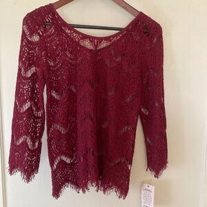 NWT Wine Colored 3/4 Sleeve Lace Top by Awake Couture Size Medium